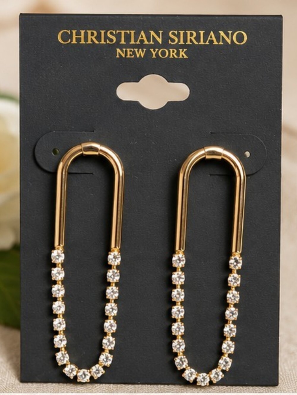 Christian Siriano NY Gold Tone Rhinestone U Shape Drop Earrings NWT - Picture 2 of 4